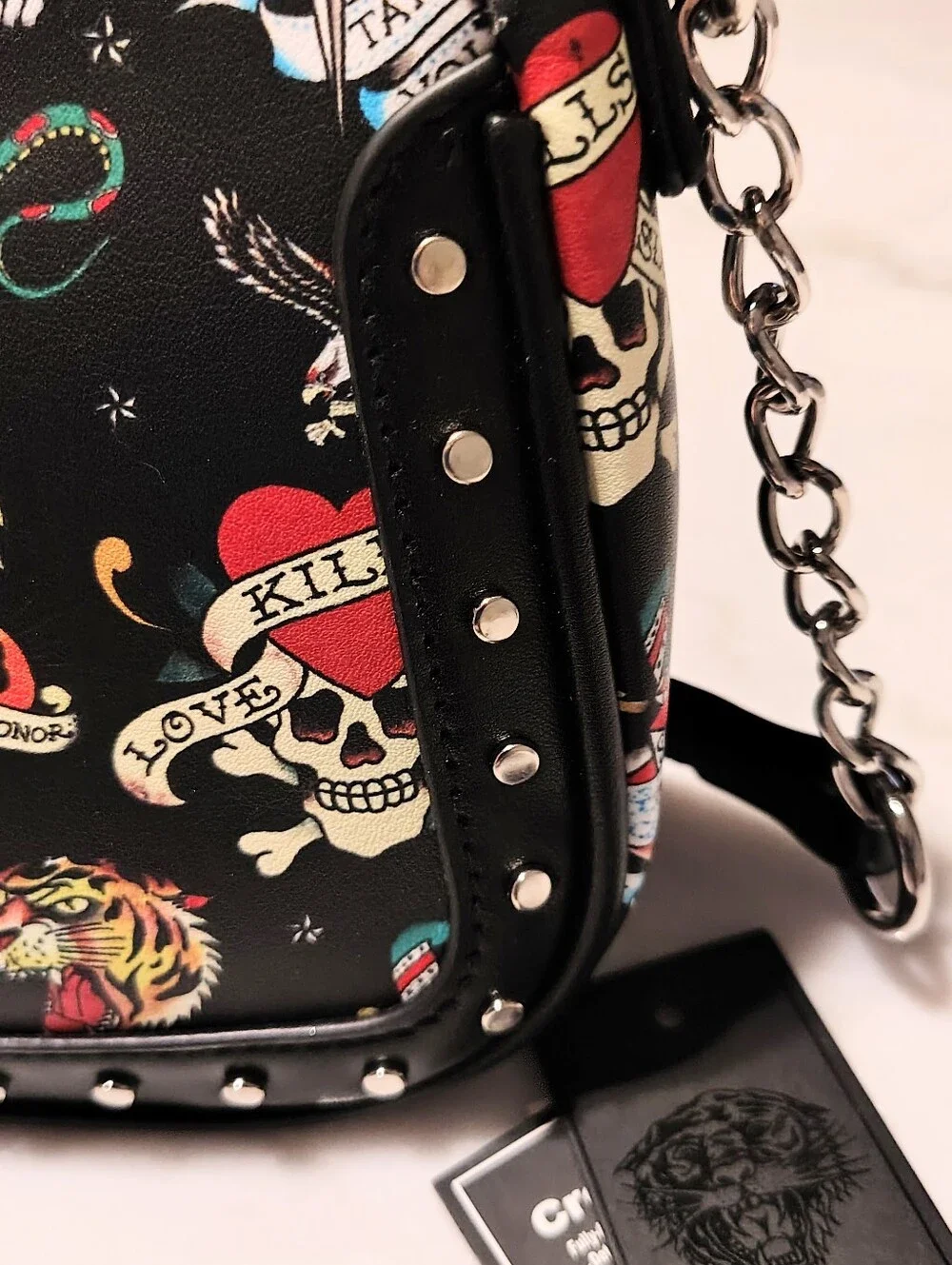 Ed Hardy Grunge Black Bikercore Tiger Skull Heart Studded Chain Crossbody Bag